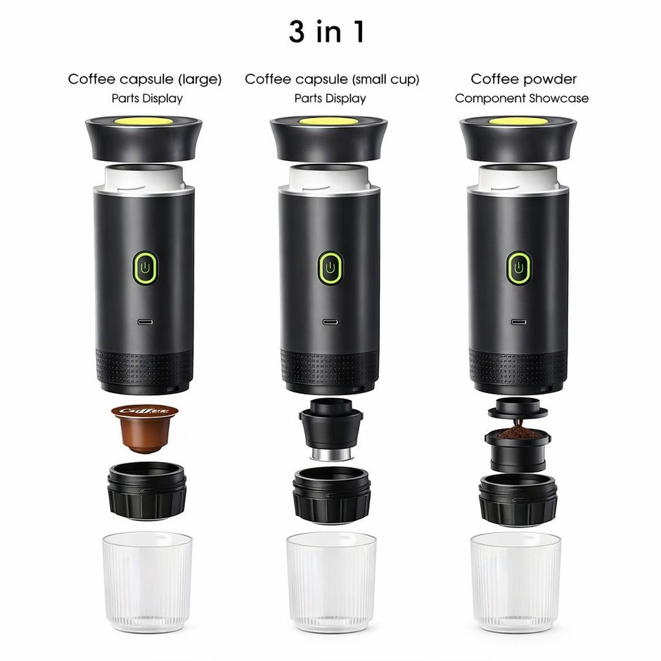 Macchina per Espresso Portatile 3 in 1 – Compatibile con Capsule Nespresso, Dolce Gusto e Caffè Macinato, 20 Bar, Autoriscaldante, USB-C, 8,5×24,5 cm