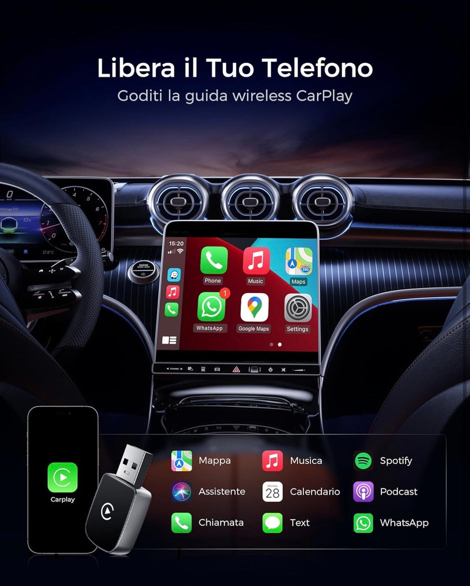 Adattatore Wireless per CarPlay – Upgrade 2025, Adattatore USB/Type-C senza fili, Connessione Veloce e Stabile senza Ritardi, Compatibile con iOS 12+