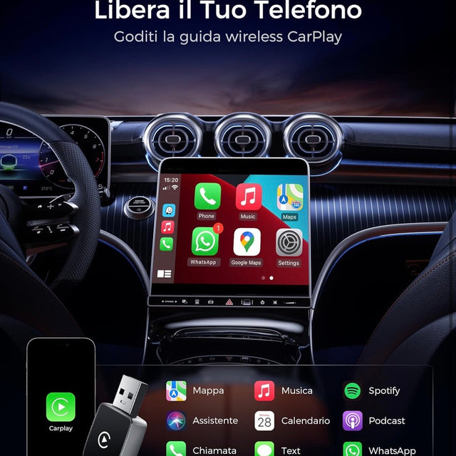 Adattatore Wireless per CarPlay – Upgrade 2025, Adattatore USB/Type-C senza fili, Connessione Veloce e Stabile senza Ritardi, Compatibile con iOS 12+