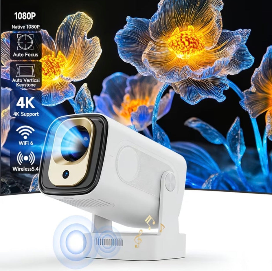 Proiettore 4K, Mini Proiettore Portatile con WiFi 6 e Bluetooth 5.4, Ruotabile 180°, Messa a fuoco automatica Videoproiettore da soffitto hd, vocale remoto Air Mouse 2025 Aggiornato