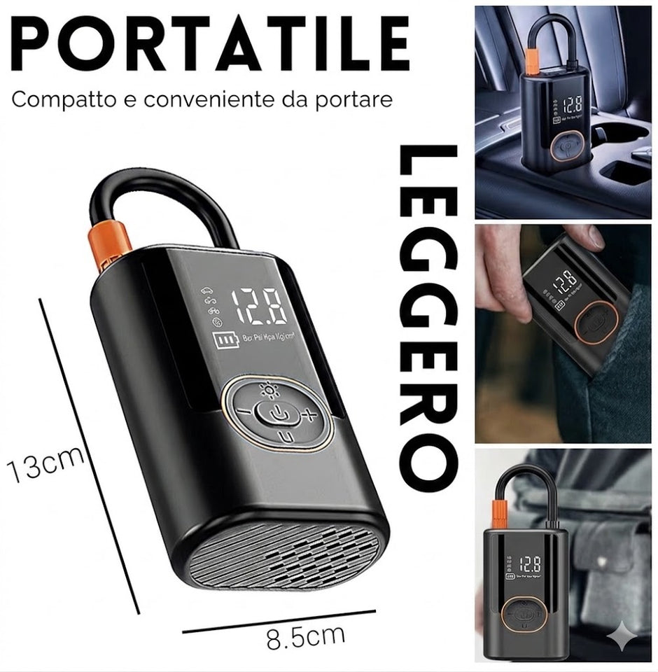 Compressore Aria Portatile 150 PSI, Mini Compressore Elettrico Portatile Senza Fili con Schermo Digitale e Torcia LED, per Auto, Moto, Bicicletta, Palla