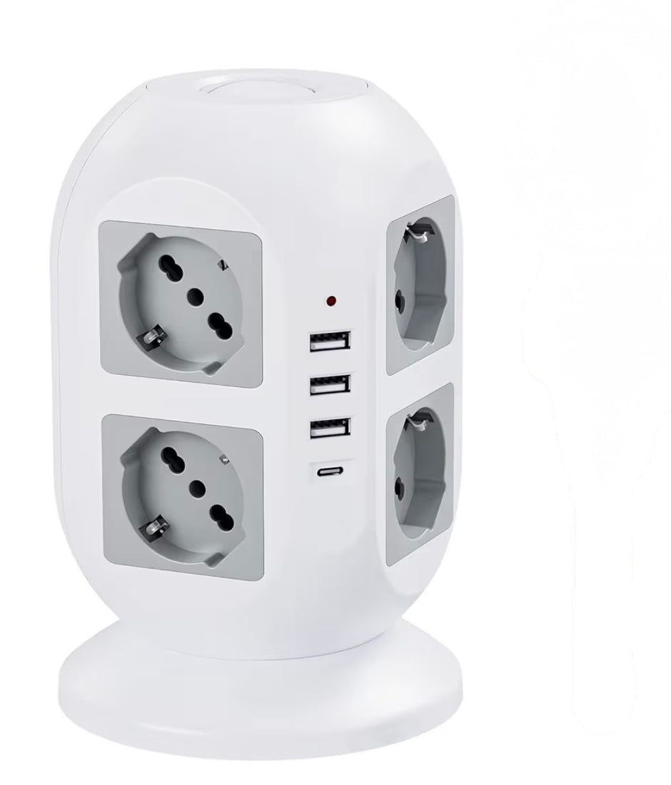 Ciabatta Multipresa 8 Schuko con 4 USB, Torretta Multipresa con Interruttore e Prolunga Elettrica 2 Metri, 20W Ricarica rapida per Phone, Pad, Adattatore Itailne per Ufficio, Casa, Grigio
