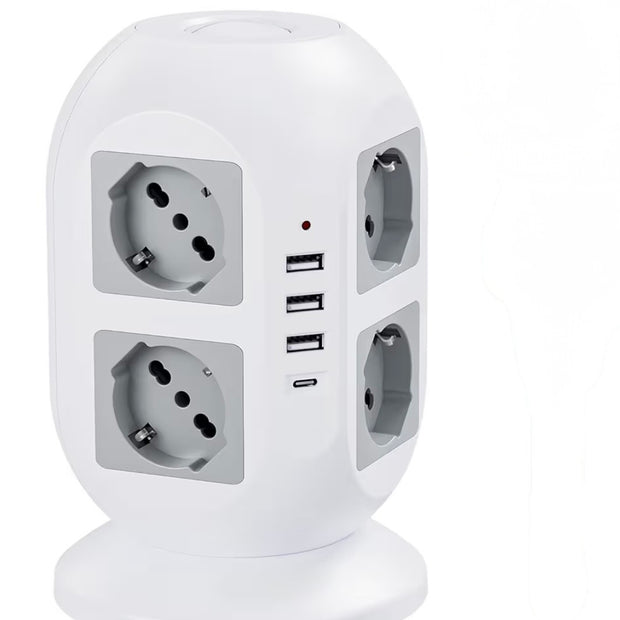 Ciabatta Multipresa 8 Schuko con 4 USB, Torretta Multipresa con Interruttore e Prolunga Elettrica 2 Metri, 20W Ricarica rapida per Phone, Pad, Adattatore Itailne per Ufficio, Casa, Grigio