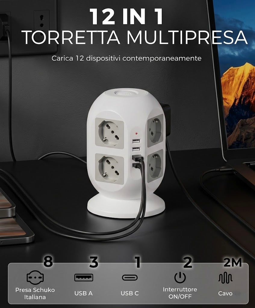 Ciabatta Multipresa 8 Schuko con 4 USB, Torretta Multipresa con Interruttore e Prolunga Elettrica 2 Metri, 20W Ricarica rapida per Phone, Pad, Adattatore Itailne per Ufficio, Casa, Grigio