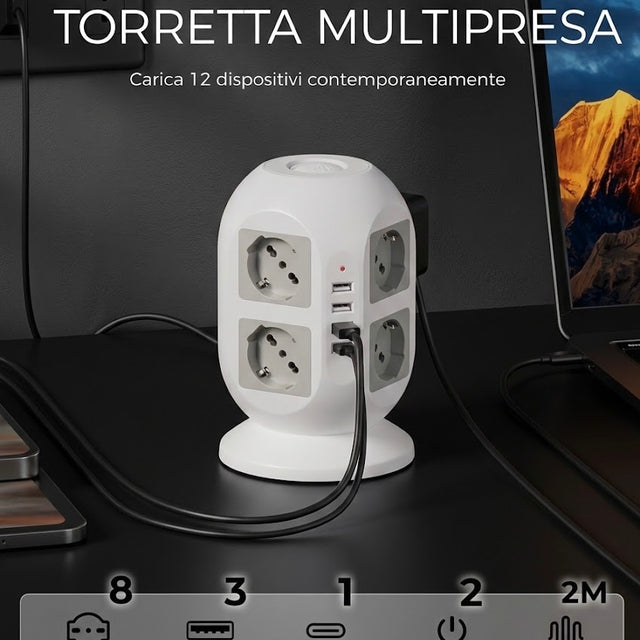 Ciabatta Multipresa 8 Schuko con 4 USB, Torretta Multipresa con Interruttore e Prolunga Elettrica 2 Metri, 20W Ricarica rapida per Phone, Pad, Adattatore Itailne per Ufficio, Casa, Grigio