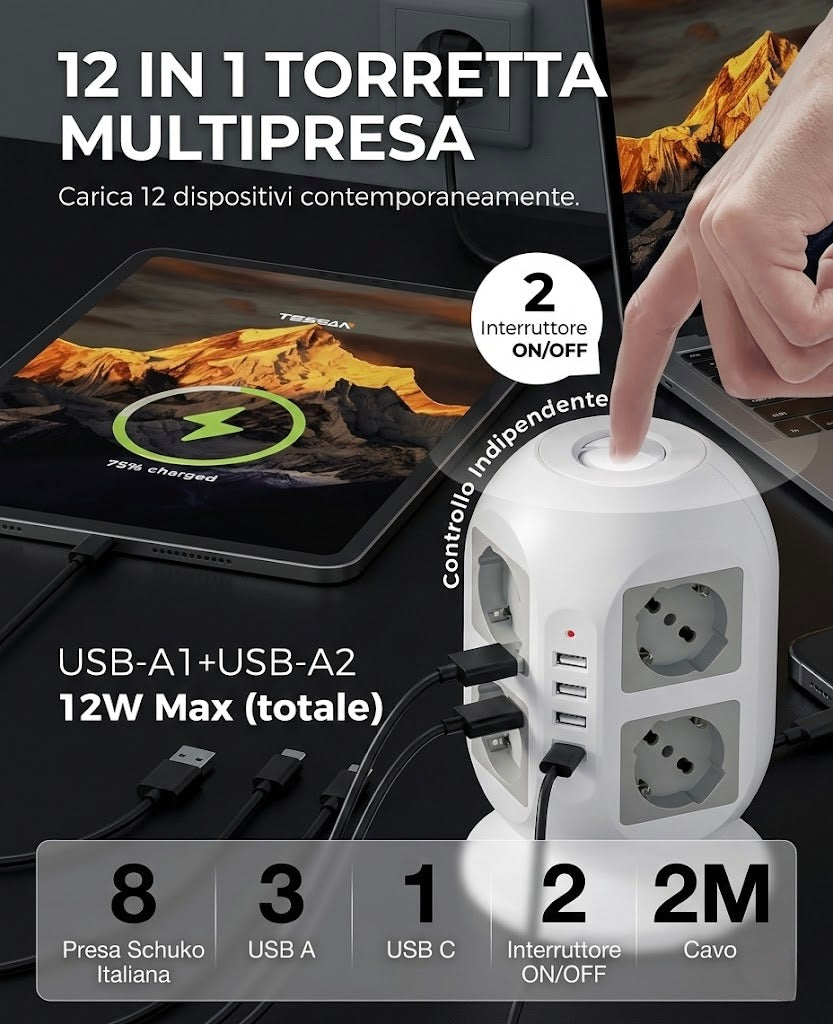 Ciabatta Multipresa 8 Schuko con 4 USB, Torretta Multipresa con Interruttore e Prolunga Elettrica 2 Metri, 20W Ricarica rapida per Phone, Pad, Adattatore Itailne per Ufficio, Casa, Grigio