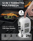 Ciabatta Multipresa 8 Schuko con 4 USB, Torretta Multipresa con Interruttore e Prolunga Elettrica 2 Metri, 20W Ricarica rapida per Phone, Pad, Adattatore Itailne per Ufficio, Casa, Grigio