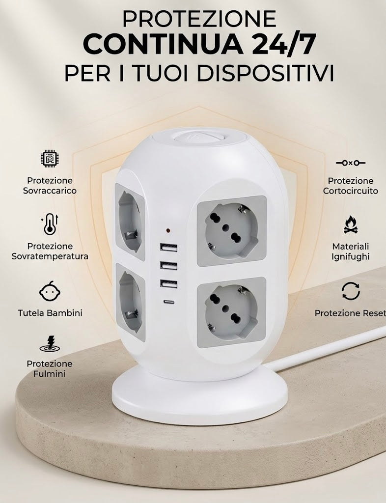 Ciabatta Multipresa 8 Schuko con 4 USB, Torretta Multipresa con Interruttore e Prolunga Elettrica 2 Metri, 20W Ricarica rapida per Phone, Pad, Adattatore Itailne per Ufficio, Casa, Grigio